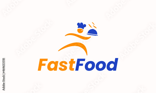 vector illustration logo design for fast food restaurant company, with a simple abstract graphic chef running brings food.
