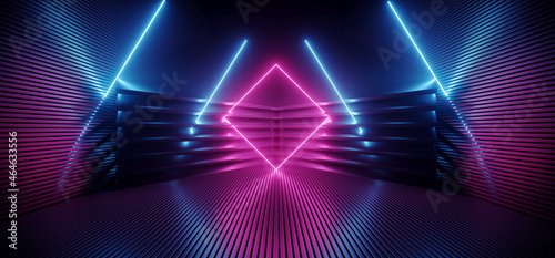 Fototapeta Naklejka Na Ścianę i Meble -  Neon Purple Blue Laser Lines Sci Fi Futuristic Metal Reflective Showroom Stage Podium Fashion Tunnel Corridor Hallway Garage Show Underground 3D Rendering