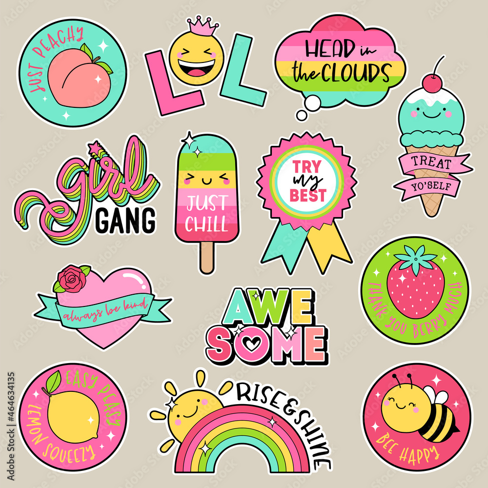 Set of fashion patches, cute colorful badges, inspirational quotes, fun cartoon icons design vector.