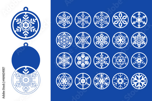Christmas balls with snowflakes. Coasters laser cutting template. Christmas toys, decorations. Ornament design templates. Vector isolated decorative elements. Winter holidays