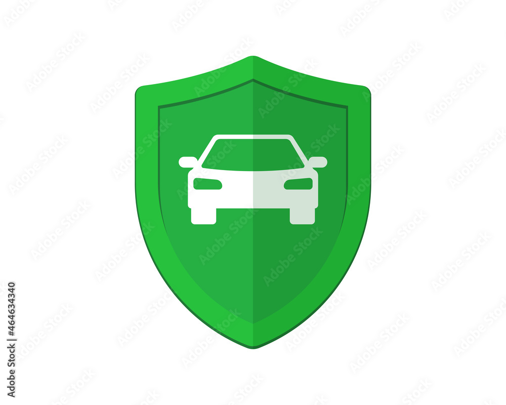 Car guard green shield logo. Auto collision insurance or store shop badge. Vehicle tuning service or driver security system emblem. Transport theft protection label design. Isolated vector eps sign Car guard green shield logo. Auto collision insurance or store shop badge. Vehicle tuning service or driver security system emblem. Transport theft protection label design. Isolated vector eps sign
