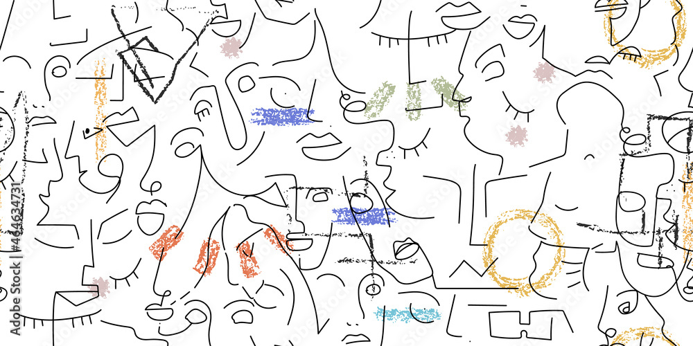 One line drawing. Abstract face seamless pattern. One line drawing. Abstract face seamless pattern.