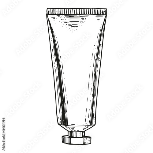 Vector tube with toothpaste. Hand-drawn sketch engraving style. Vintage illustration. Cream, balm, paste in a tube.