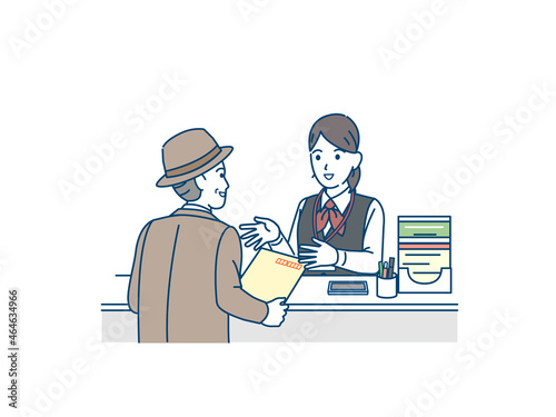 郵便局を利用する男性　窓口　店内　郵便物　イラスト素材