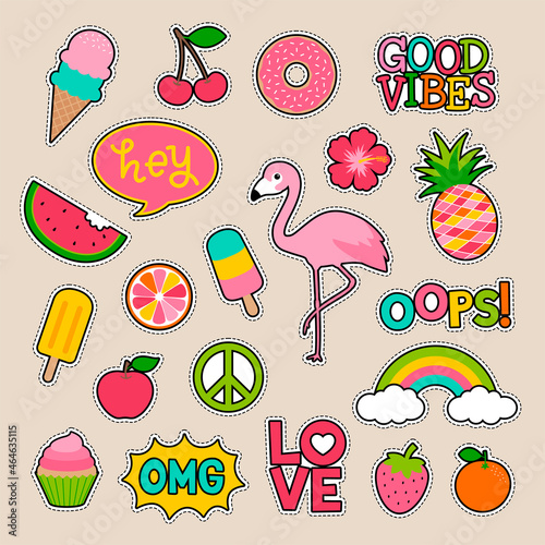 Set of fashion patches, fun stickers, cute badges vector in cartoon style.