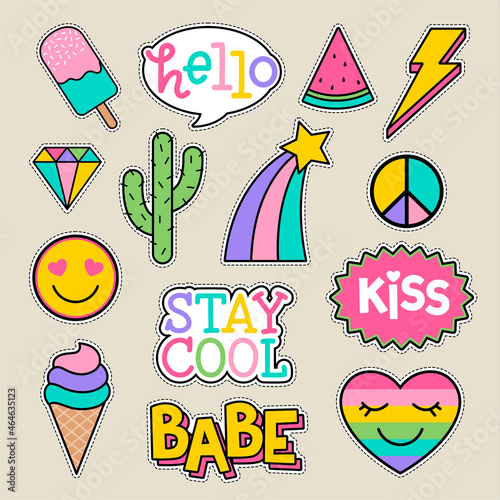 Set of fashion patches, cute pastel badges, fun cartoon icons design vector.