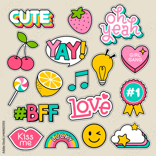 Set of fashion patches, cute pastel badges, fun cartoon icons design vector. photo