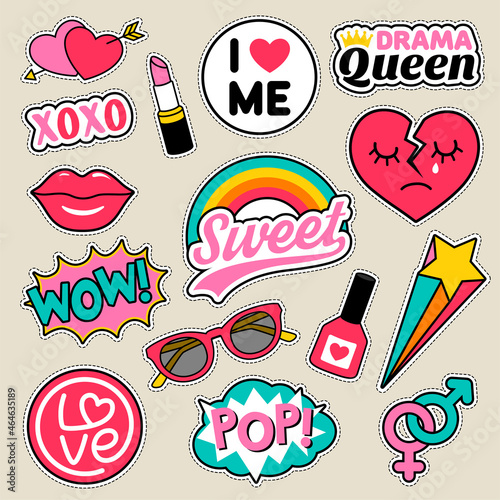 Set of fashion patches, cute colorful badges, fun cartoon icons design vector.