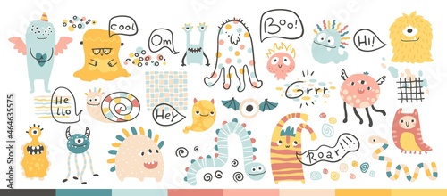 Monster Halloween set with inscriptions. Collection of cute cartoon characters in simple hand-drawn scandinavian style. Vector childish funny doodle illustration. Baby posters, cards, prints clothes.