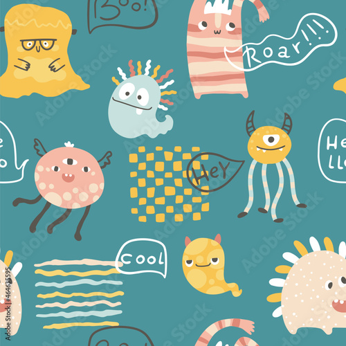 Monster Halloween seamless pattern with lettering. Cute cartoon characters in simple hand-drawn Scandinavian style. Vector childish funny doodle illustration. Baby clothes, textiles, fabric. photo