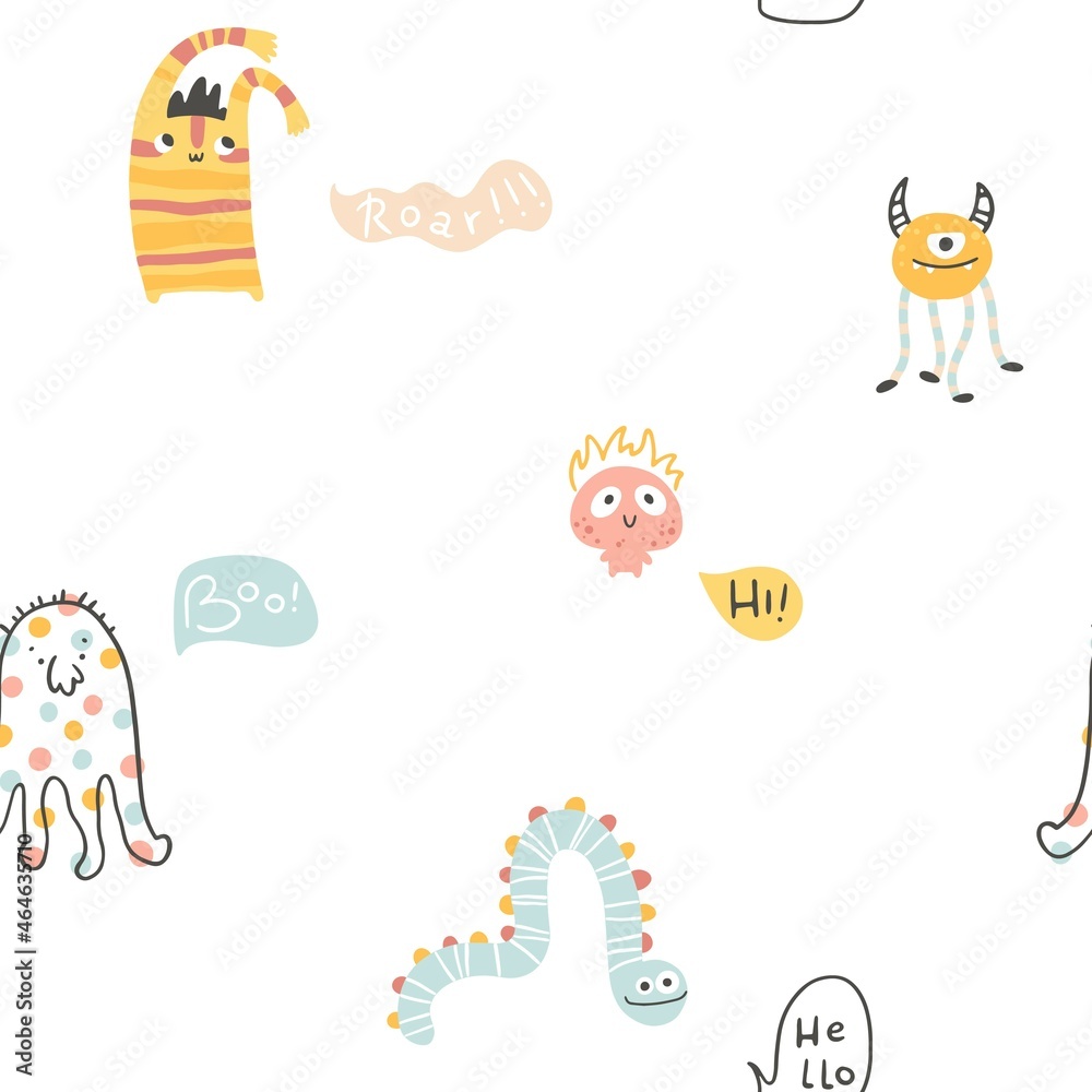 Fototapeta premium Monster Halloween seamless pattern with lettering. Cute cartoon characters in simple hand-drawn Scandinavian style. Vector childish funny doodle illustration. Baby clothes, textiles, fabric.
