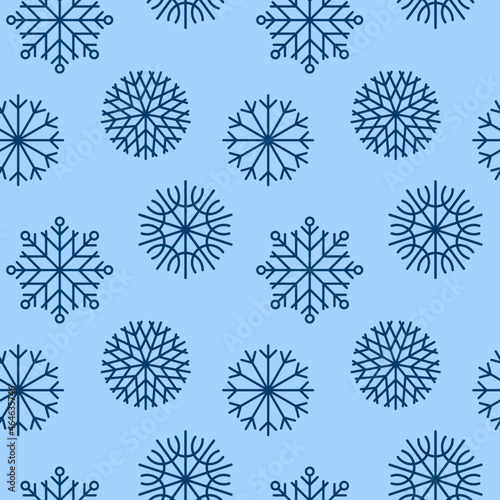 Christmas background with white snowflakes seamless pattern on dark blue backdrop. Xmas ornament  new year minimalist snow decoration for festive banner  holiday postcard  price tag  packaging design.