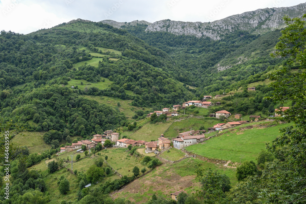 Panoramic view of the medieval town of Bandujo in Asturias