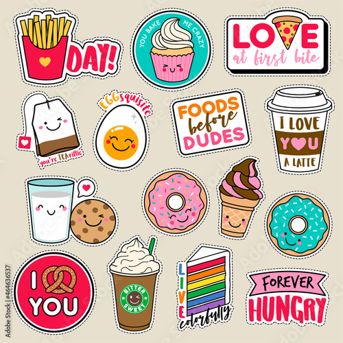 Set of fashion girls patches, cute colorful badges, fun cartoon icons design in food and drinks concept.
