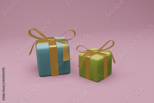 3d color gift boxes set with gold ribbon bow on a blue background. Christmas, birthday. Pastel colors. 3d render illustration.
