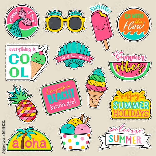 Set of fashion patches, cute colorful badges, fun cartoon icons design in summer holidays concept.