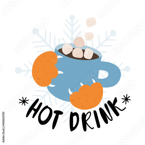 Cute red cat's paws  holding a mug with hot cocoa and marshmallows and lettering Hot drink