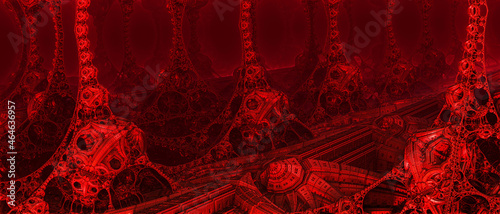 Abstract background, fantastic 3D alien structures, red dark and bloody fictional background.