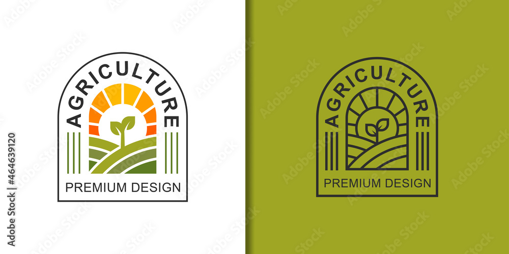 eco green farm with plant logo. agriculture farmer garden with sun nature linear logo design vector template
