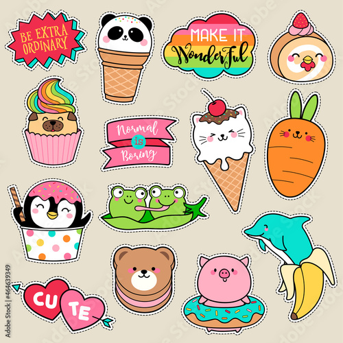 Set of fashion patches, cute colorful badges, fun cartoon icons design in animal shaped food concept.