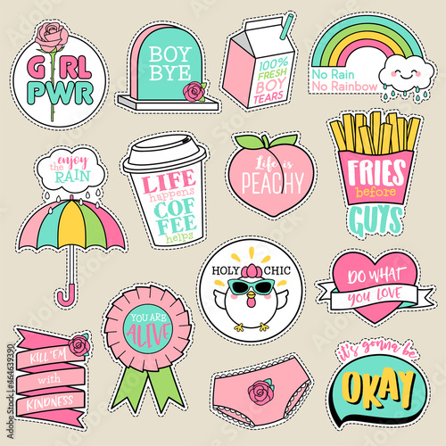Set of fashion patches, cute pastel badges, fun cartoon doodles in girl motivation concept.