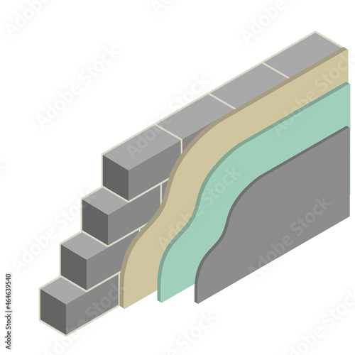 Grey brick wall of house. Element of building construction. Stone object. Isometric illustration. Symbol of protection and security