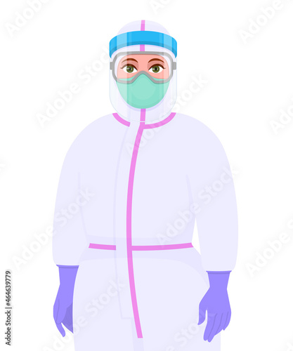 Female doctor in PPE suit wearing medical mask, face shield and eyeglasses. Safety clothing for prevent corona virus. Surgeon wearing Personal Protective Equipment. Work safety. Covid-19 pandemic.