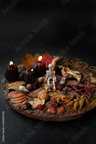 Wiccan witch altar, wheel of the year on dark background. magic esoteric ritual. Mysticism, divination, wicca, occultism, Witchcraft concept. symbol of samhain sabbat, Halloween holiday