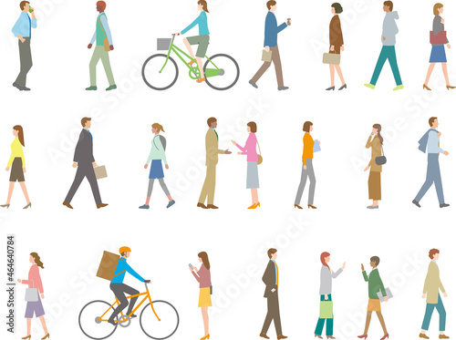 会社員や若者などの歩行者の横向きのイラスト