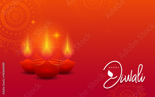 Diwali Festival Background with Round Floral Ornament and Creative Diwali Lamps Illustrations