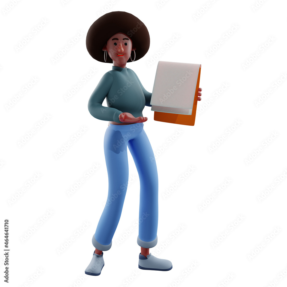 3D Afro Girl having a notebook