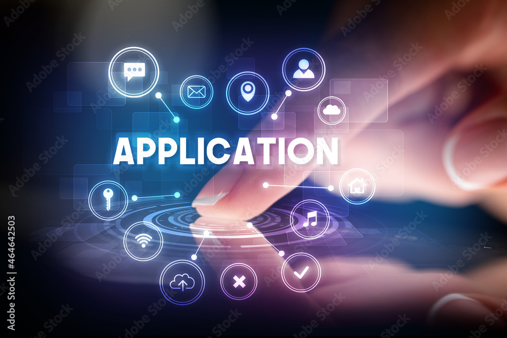 Finger touching tablet with web technology icons concept Finger touching tablet with web technology icons concept