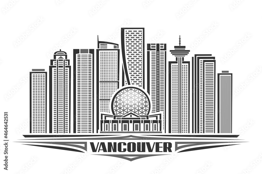 Naklejka premium Vector illustration of Vancouver, monochrome horizontal poster with linear design vancouver city scape, urban line art concept with decorative lettering for black word vancouver on white background.