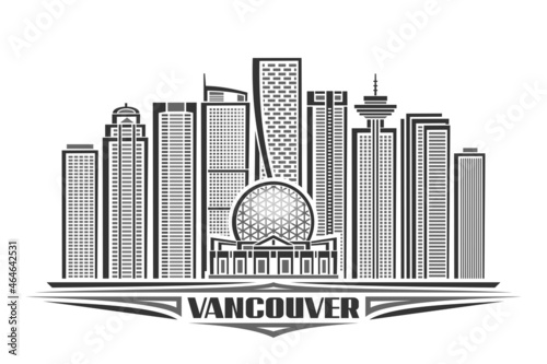 Vector illustration of Vancouver, monochrome horizontal poster with linear design vancouver city scape, urban line art concept with decorative lettering for black word vancouver on white background.