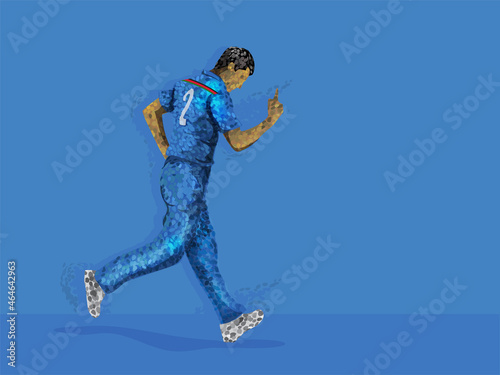 Cricketer or Bowler in Blue Colour Team Jersey Celebrating with Copy Space for Your Message. Pixel Art Detailed Character Illustration.