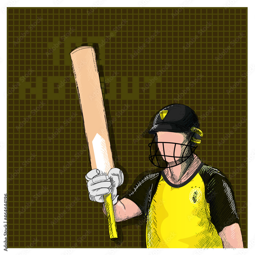 Doodle Australia Cricket Batter Raising His Bat And 100 Not Out Font On Brown Grid Background. Doodle Australia Cricket Batter Raising His Bat And 100 Not Out Font On Brown Grid Background.