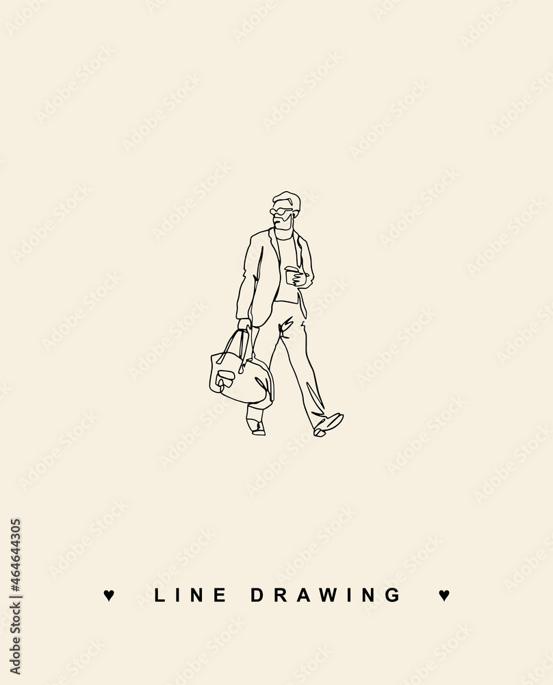 A man with a gym bag. A man with a glass of takeaway coffee. Vector line drawing of athlete.