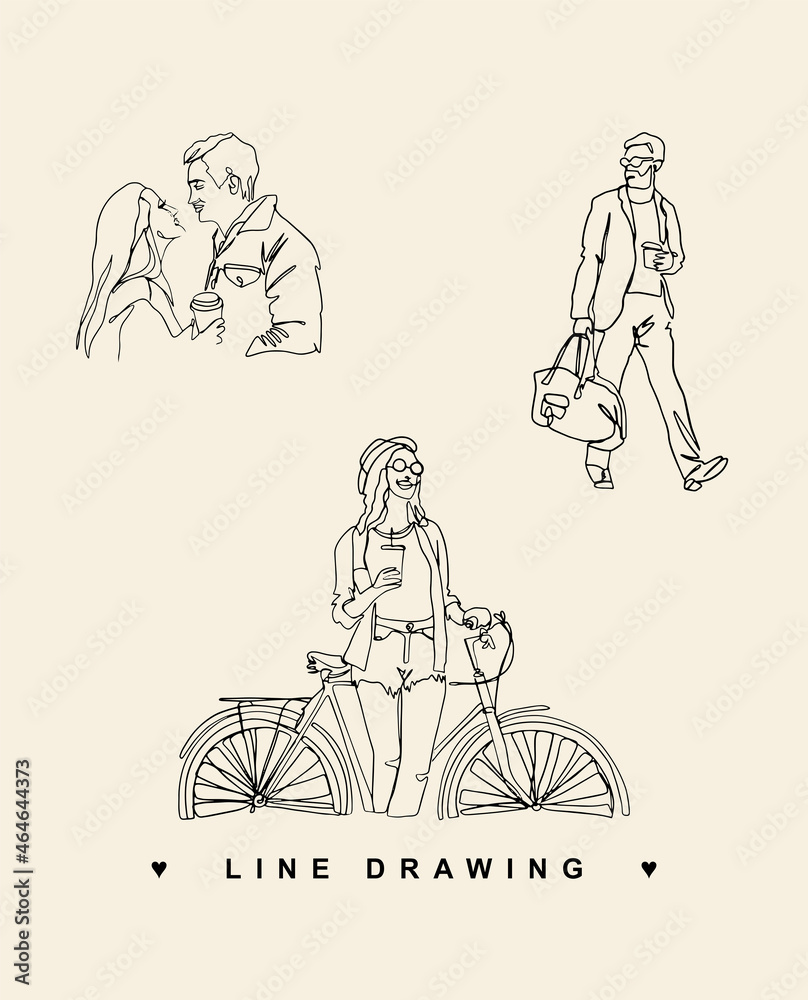 Vector line drawing. Girl on a bike. Athletic woman. Couple in love. Businessman. A man goes to the gym with a gym bag.