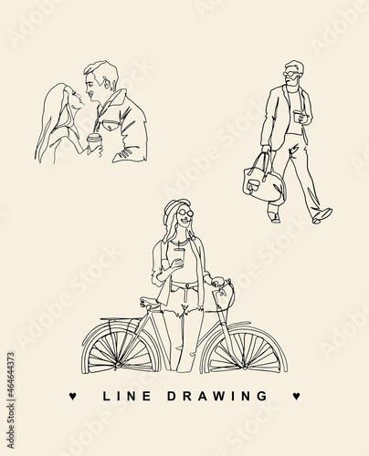 Vector line drawing. Girl on a bike. Athletic woman. Couple in love. Businessman. A man goes to the gym with a gym bag. © jane_v_afrike