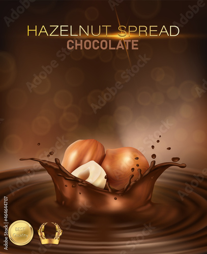 3d realistic vector background. Hazelnut spread background. Chocolate nutella splash with nuts. photo