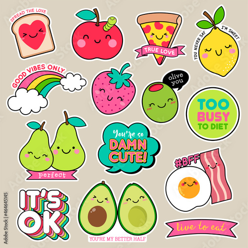 Set of cute cartoon badges, fun food character vector, girl fashion patches.