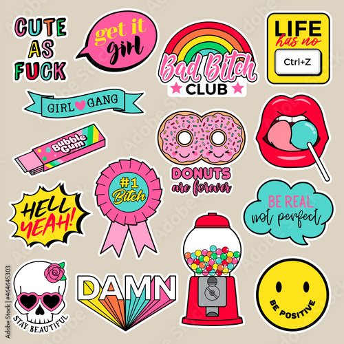 Set of girls fashion patches, cute cartoon badges, fun stickers design vector for teenage girls.