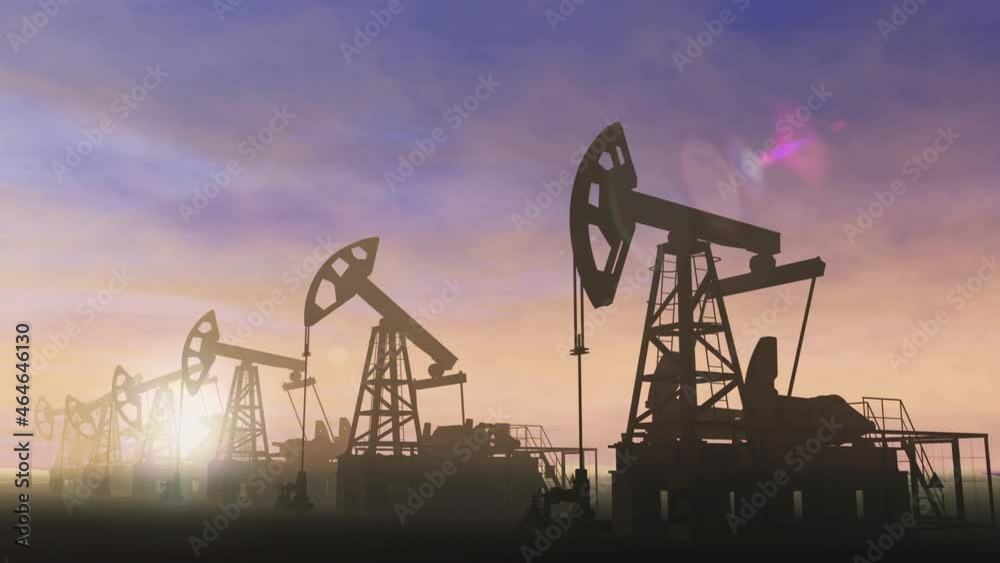 Silhouette of a working oil pumps jacks from an oil field against the background of sunset . Industrial energy producing equipment. Looped video. 3D render Silhouette of a working oil pumps jacks from an oil field against the background of sunset . Industrial energy producing equipment. Looped video. 3D render