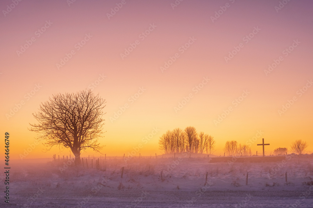 Misty morning light in a wintry landscape with a cross