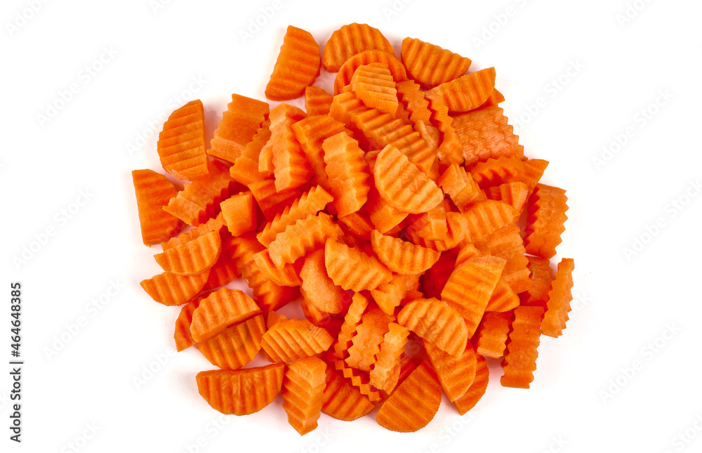 Sliced raw fresh carrots, ingredients for cooking, isolated on white background. Sliced raw fresh carrots, ingredients for cooking, isolated on white background.