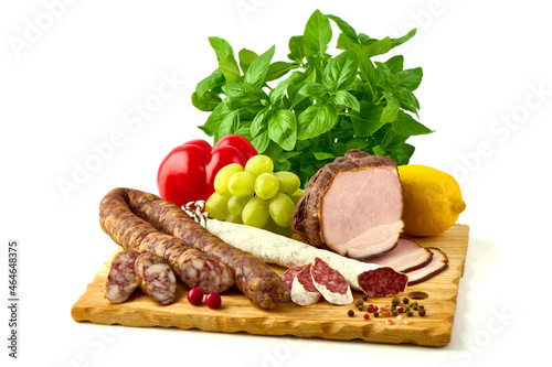 Cold cuts, delicious antipasto meat, isolated on white background.
