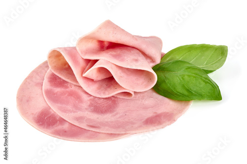 Boiled ham sausage slices, isolated on white background.