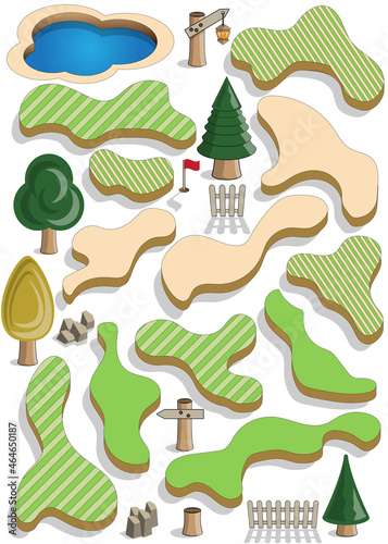Set of elements for a golf course. Isolated over white background. Vector illustration.