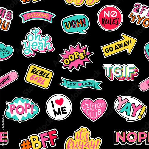Seamless pattern of girl fashion patches with black background.