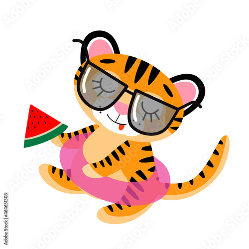 Vector cute little tiger cub in sunglasses, relaxing in swimming circle, holding watermelon. Symbol of 2022 New Year, isolated on white background. Summer concept